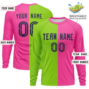 Custom Neon Green Pink Neck Split Design Long Sleeve Performance T-Shirt