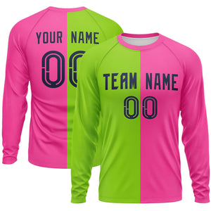 Custom Neon Green Pink Neck Split Design Long Sleeve Performance T-Shirt