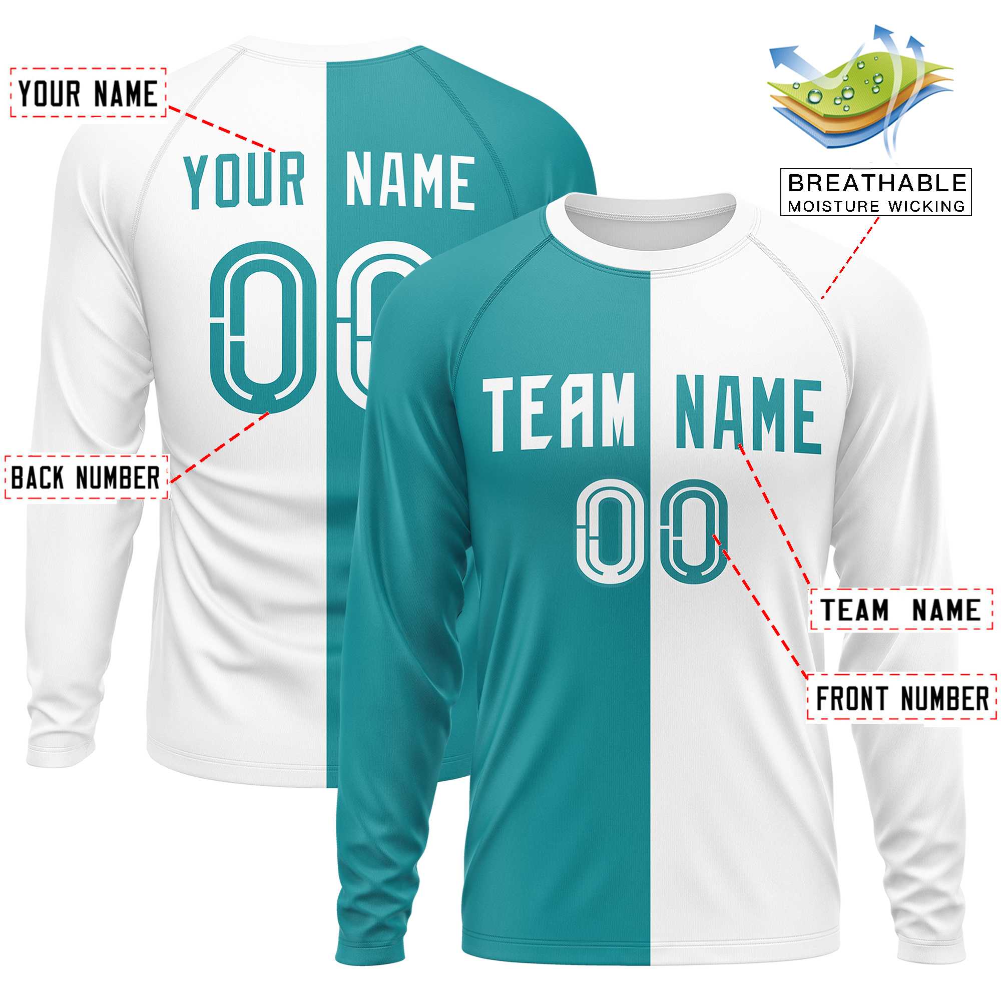 Custom Aqua White Neck Split Design Long Sleeve Performance T-Shirt