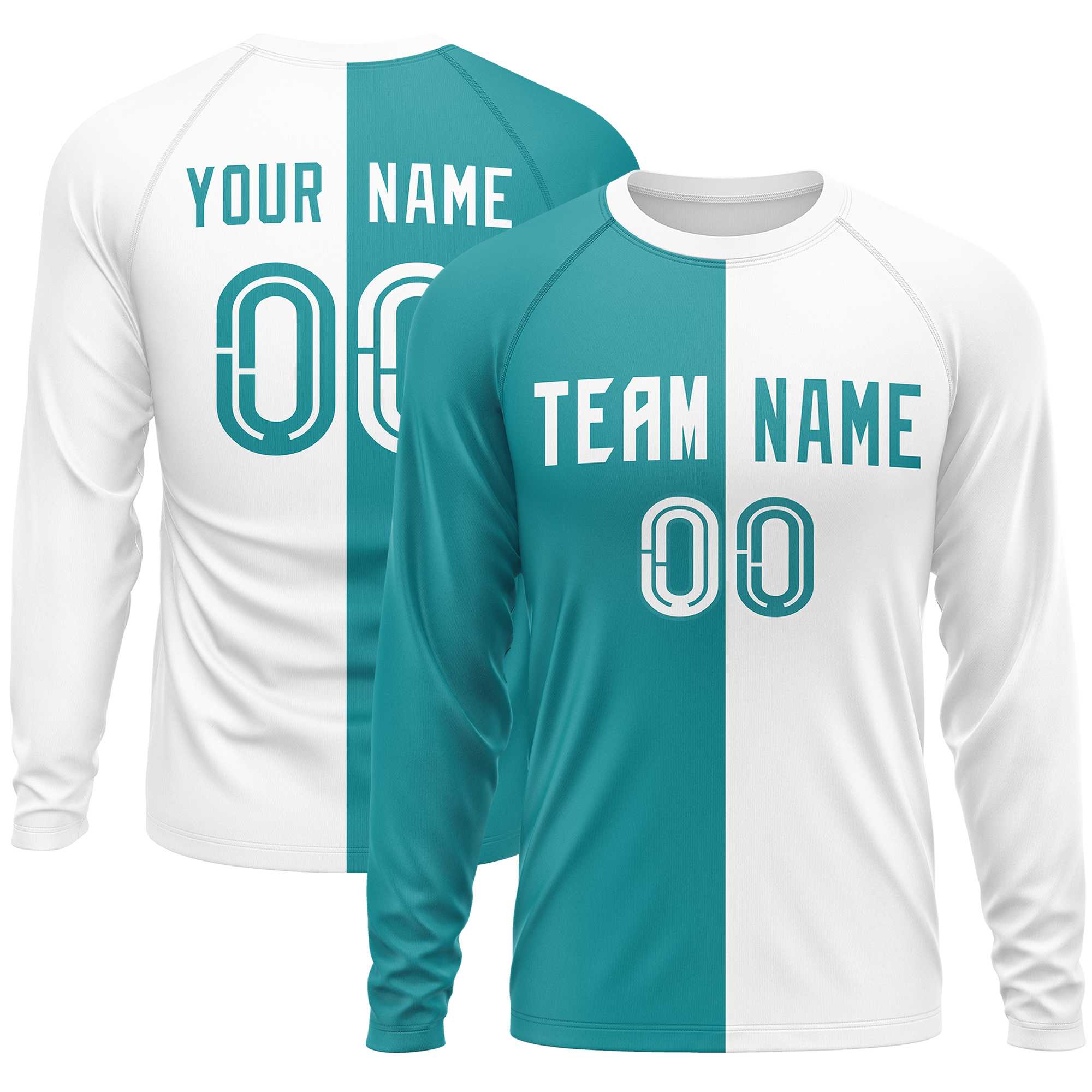 Custom Aqua White Neck Split Design Long Sleeve Performance T-Shirt