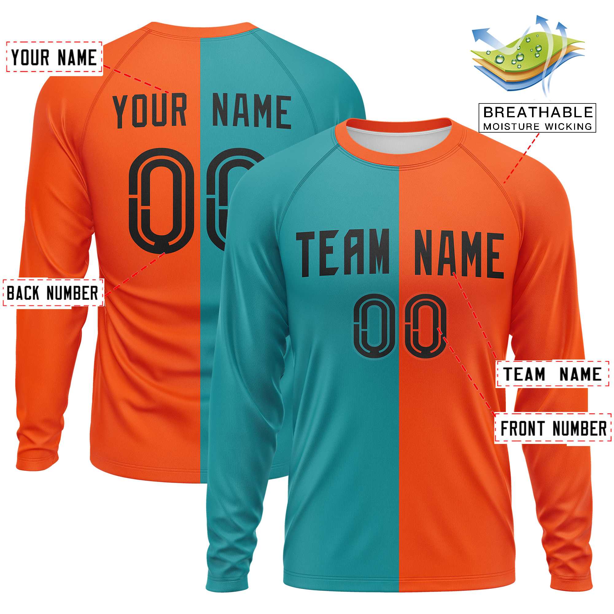 Custom Aqua Orange Neck Split Design Long Sleeve Performance T-Shirt