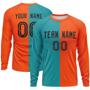 Custom Aqua Orange Neck Split Design Long Sleeve Performance T-Shirt