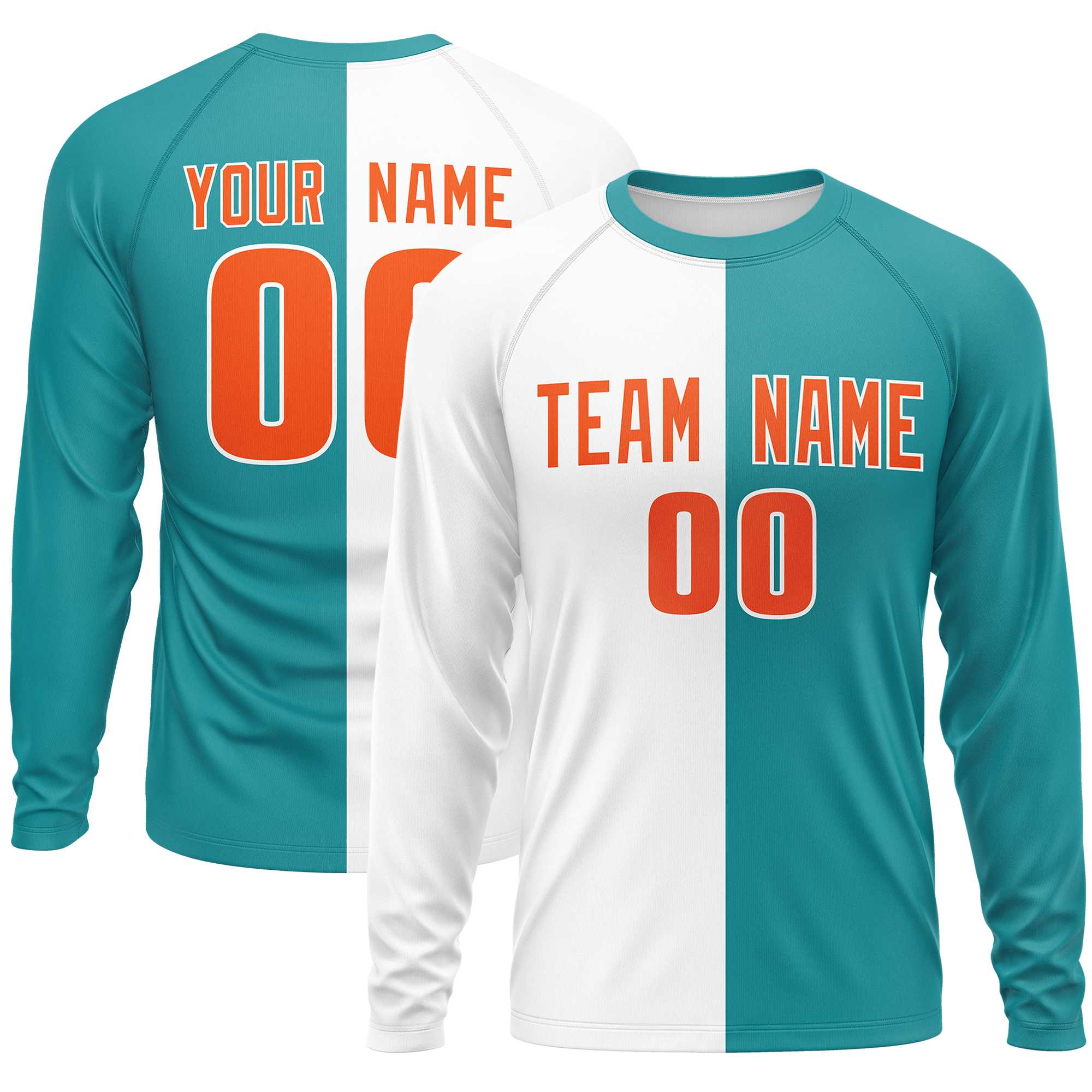 Custom White Aqua Neck Split Design Long Sleeve Performance T-Shirt