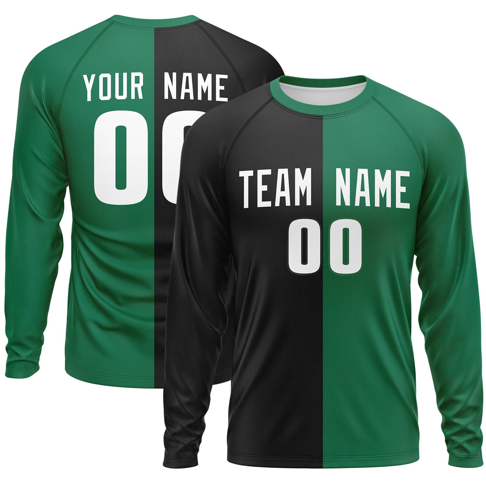 Custom Black Kelly Green Neck Split Design Long Sleeve Performance T-Shirt