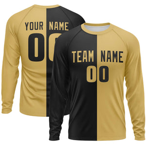 Custom Black Old Gold Neck Split Design Long Sleeve Performance T-Shirt