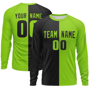 Custom Black Neon Green Neck Split Design Long Sleeve Performance T-Shirt