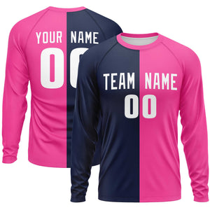 Custom Navy Pink Neck Split Design Long Sleeve Performance T-Shirt