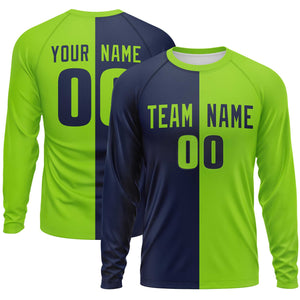 Custom Navy Neon Green Neck Split Design Long Sleeve Performance T-Shirt