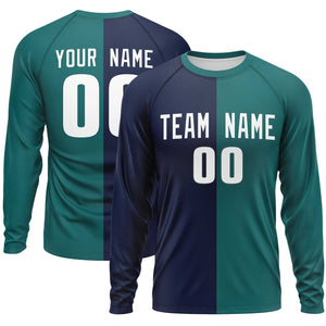 Custom Navy Aqua Neck Split Design Long Sleeve Performance T-Shirt