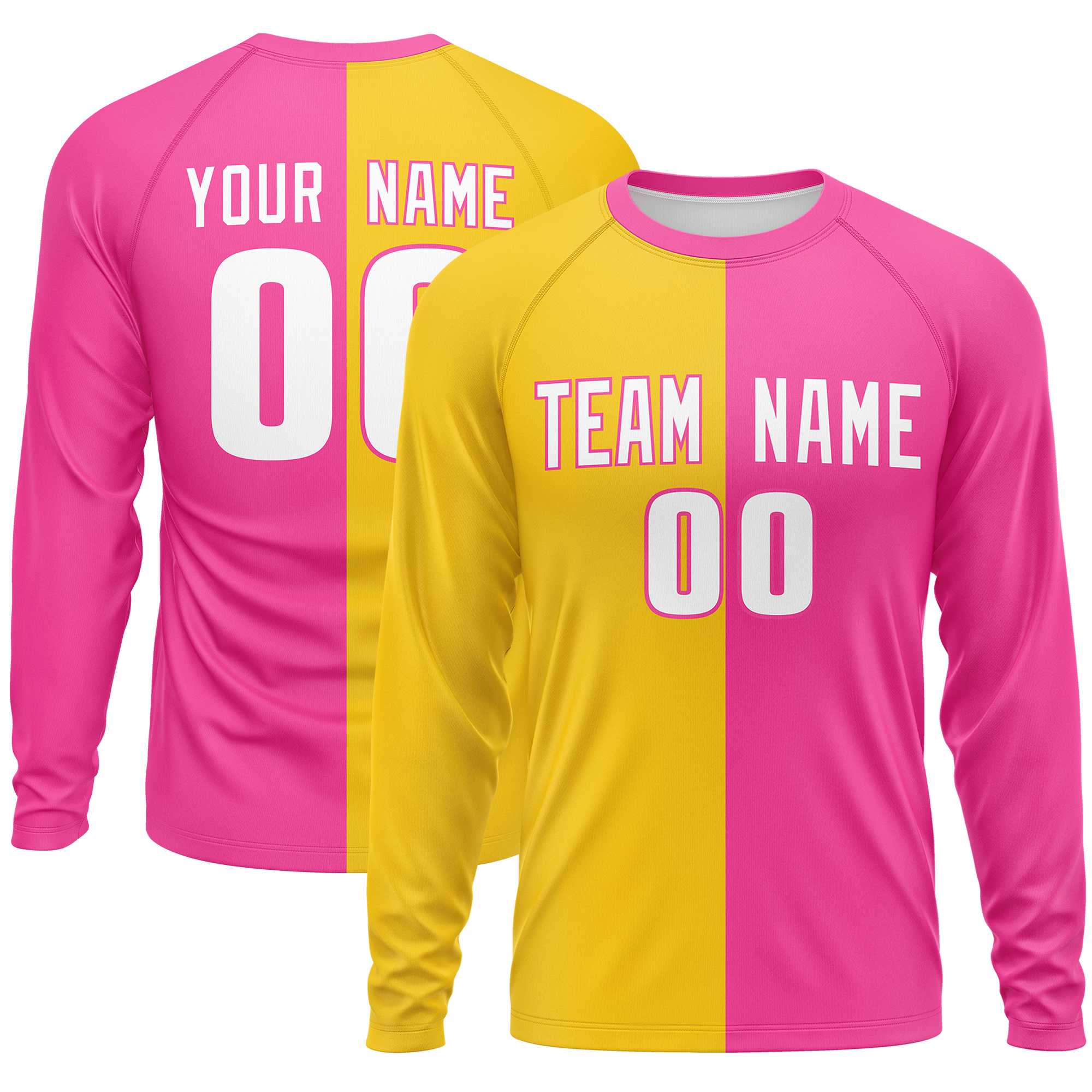 Custom Gold Pink Neck Split Design Long Sleeve Performance T-Shirt