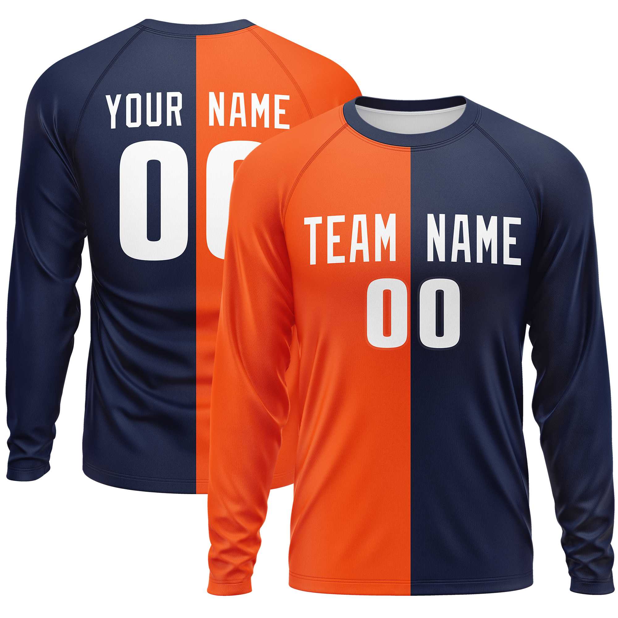 Custom Orange Navy Neck Split Design Long Sleeve Performance T-Shirt