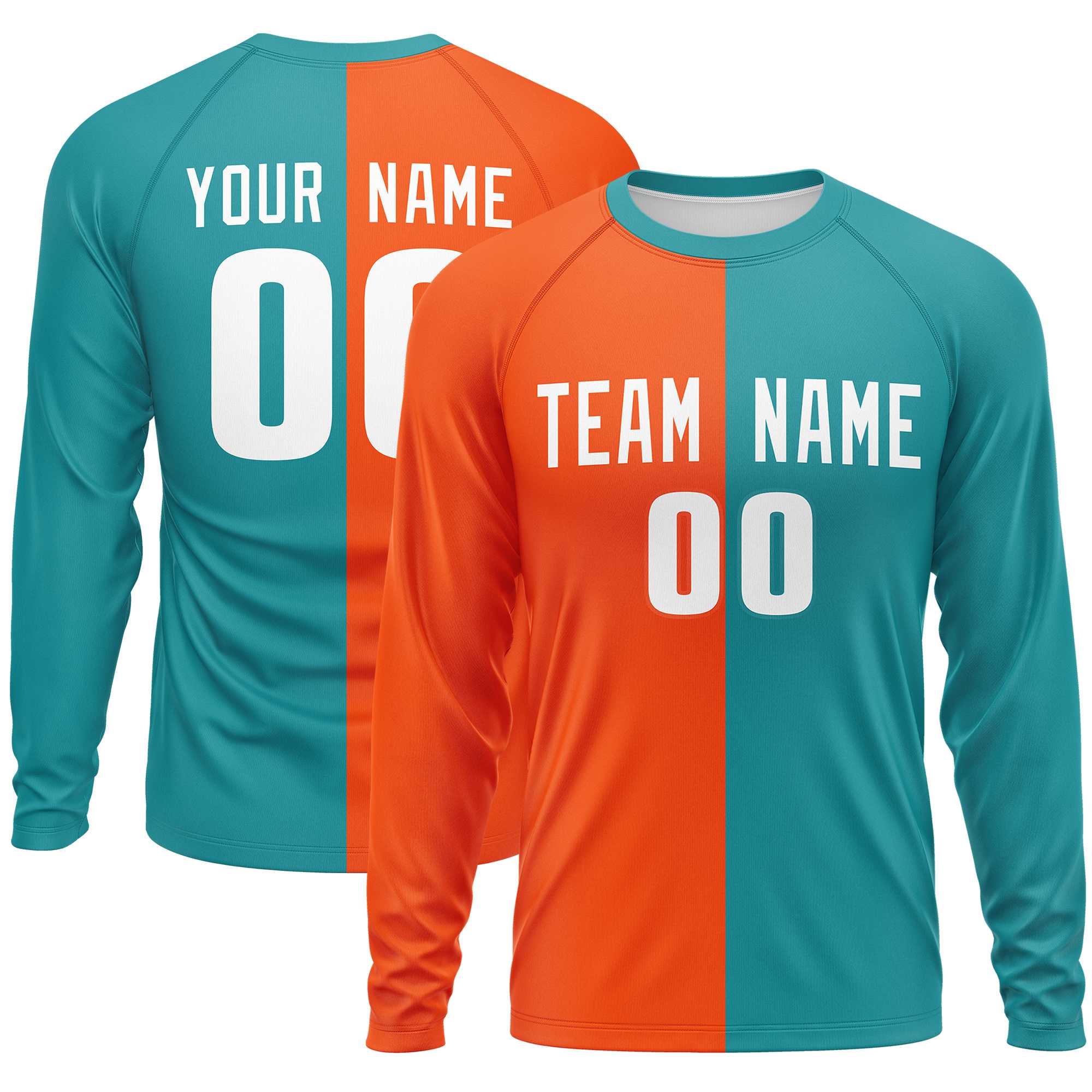 Custom Orange Aqua Neck Split Design Long Sleeve Performance T-Shirt