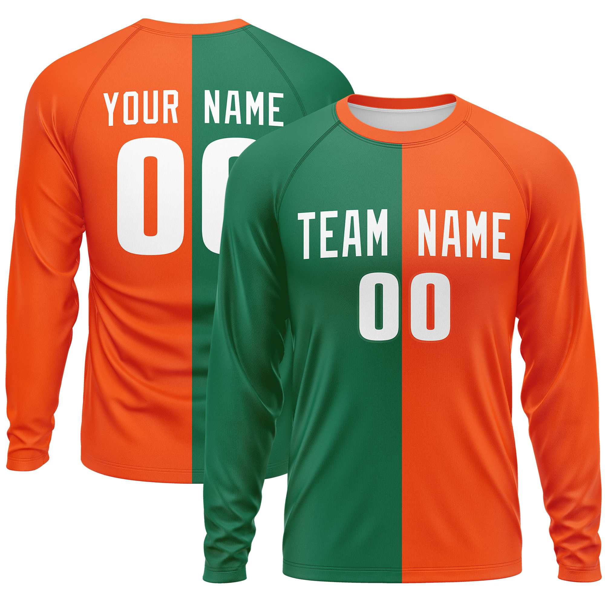 Custom Kelly Green Orange Neck Split Design Long Sleeve Performance T-Shirt