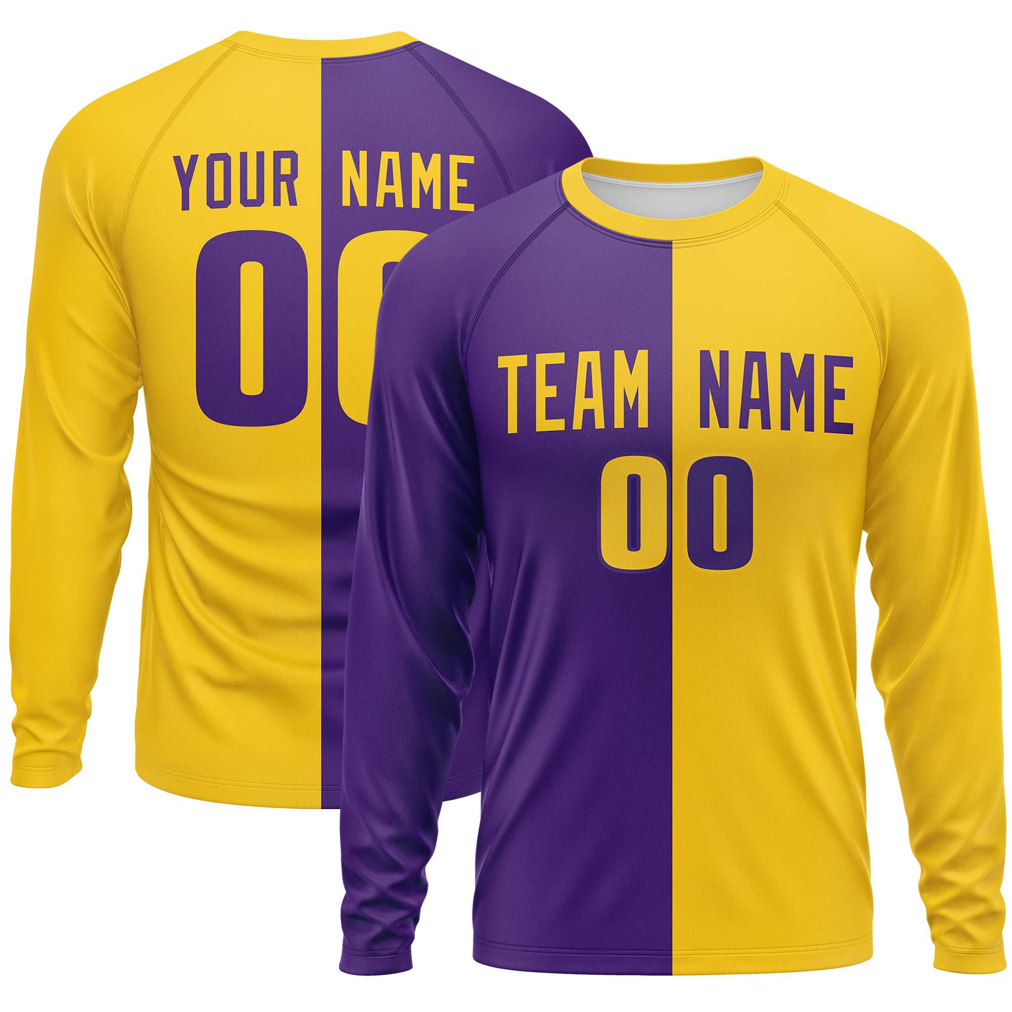 Custom Purple Gold Neck Split Design Long Sleeve Performance T-Shirt