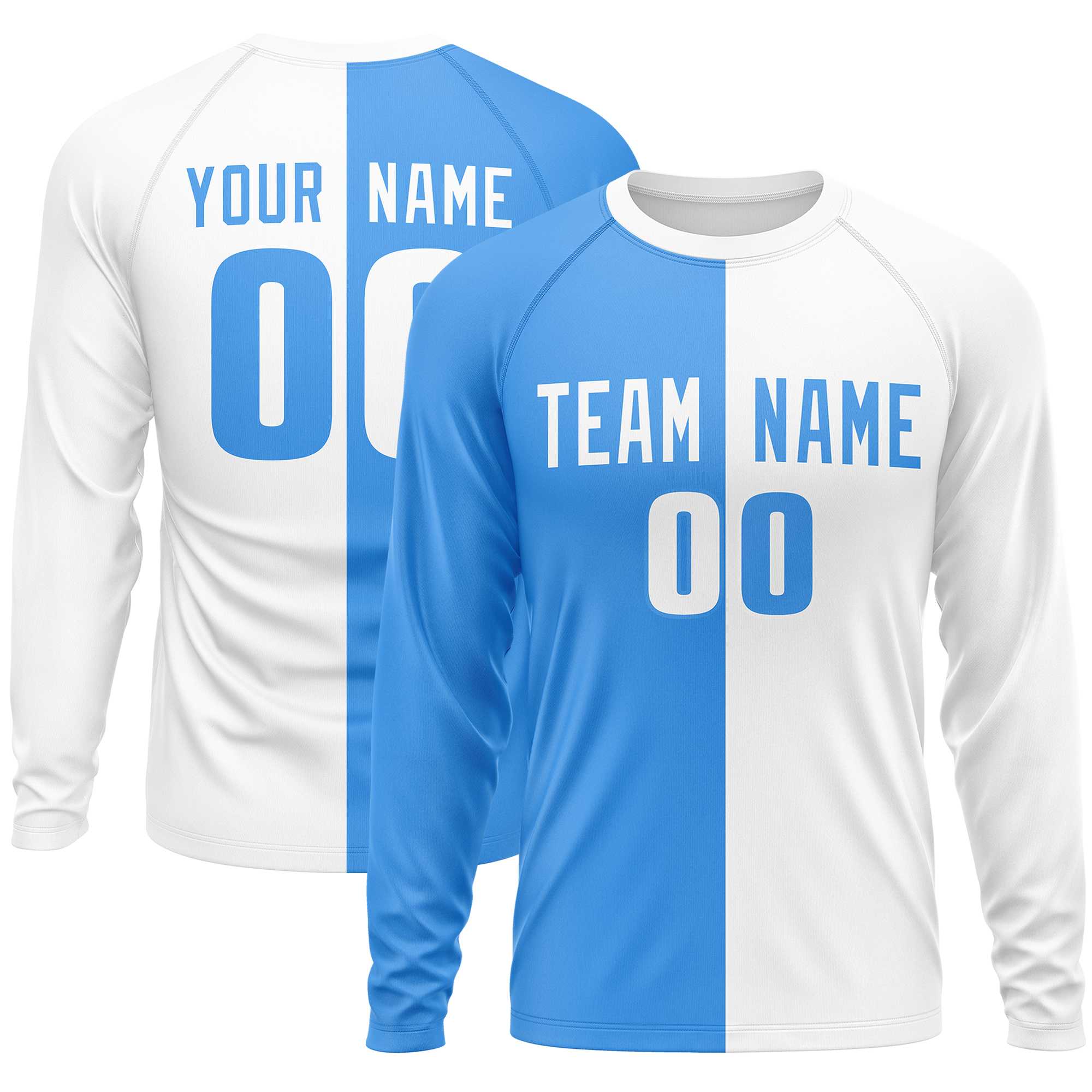 Custom Powder Blue White Neck Split Design Long Sleeve Performance T-Shirt