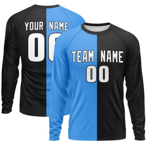 Custom Powder Blue Black Neck Split Design Long Sleeve Performance T-Shirt