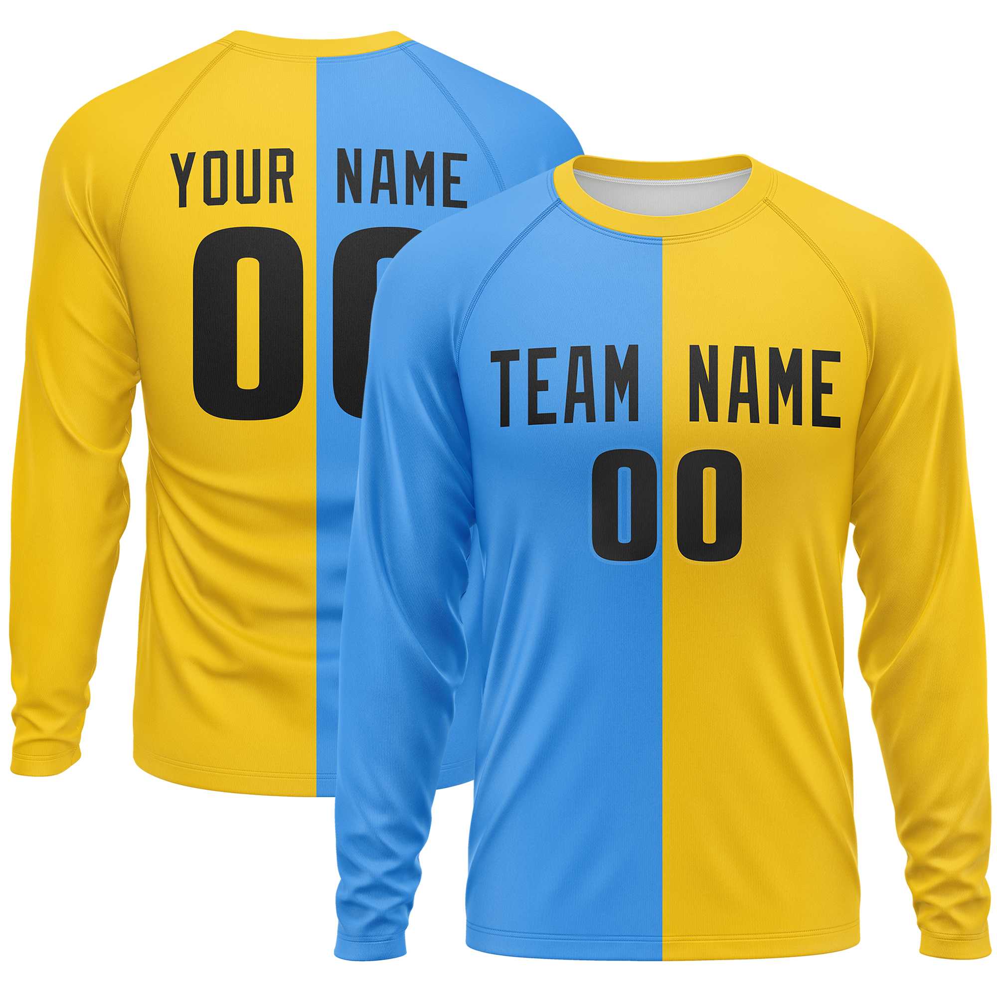 Custom Powder Blue Gold Neck Split Design Long Sleeve Performance T-Shirt