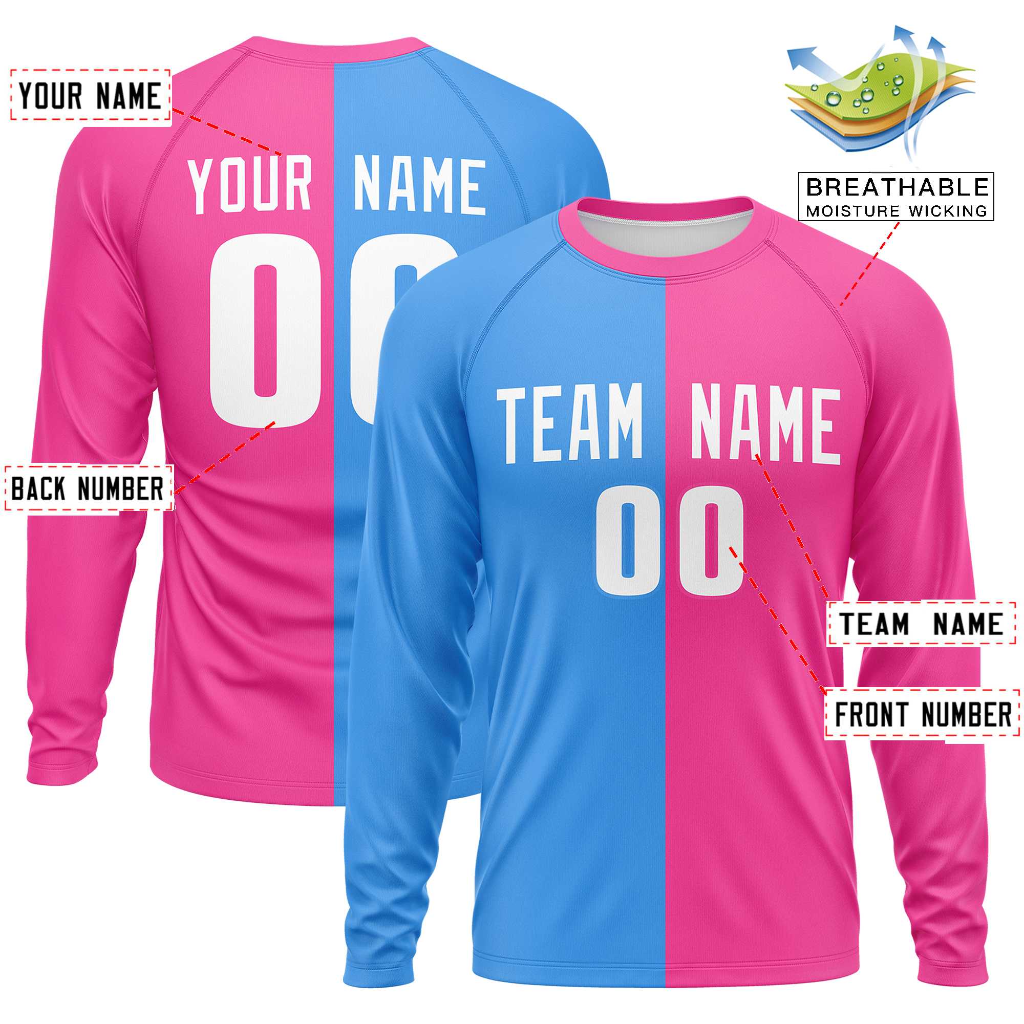 Custom Powder Blue Pink Neck Split Design Long Sleeve Performance T-Shirt