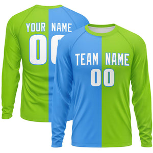 Custom Powder Blue Neon Green Neck Split Design Long Sleeve Performance T-Shirt