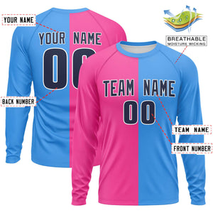 Custom Pink Powder Blue Neck Split Design Long Sleeve Performance T-Shirt