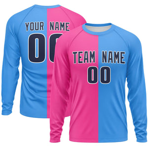 Custom Pink Powder Blue Neck Split Design Long Sleeve Performance T-Shirt