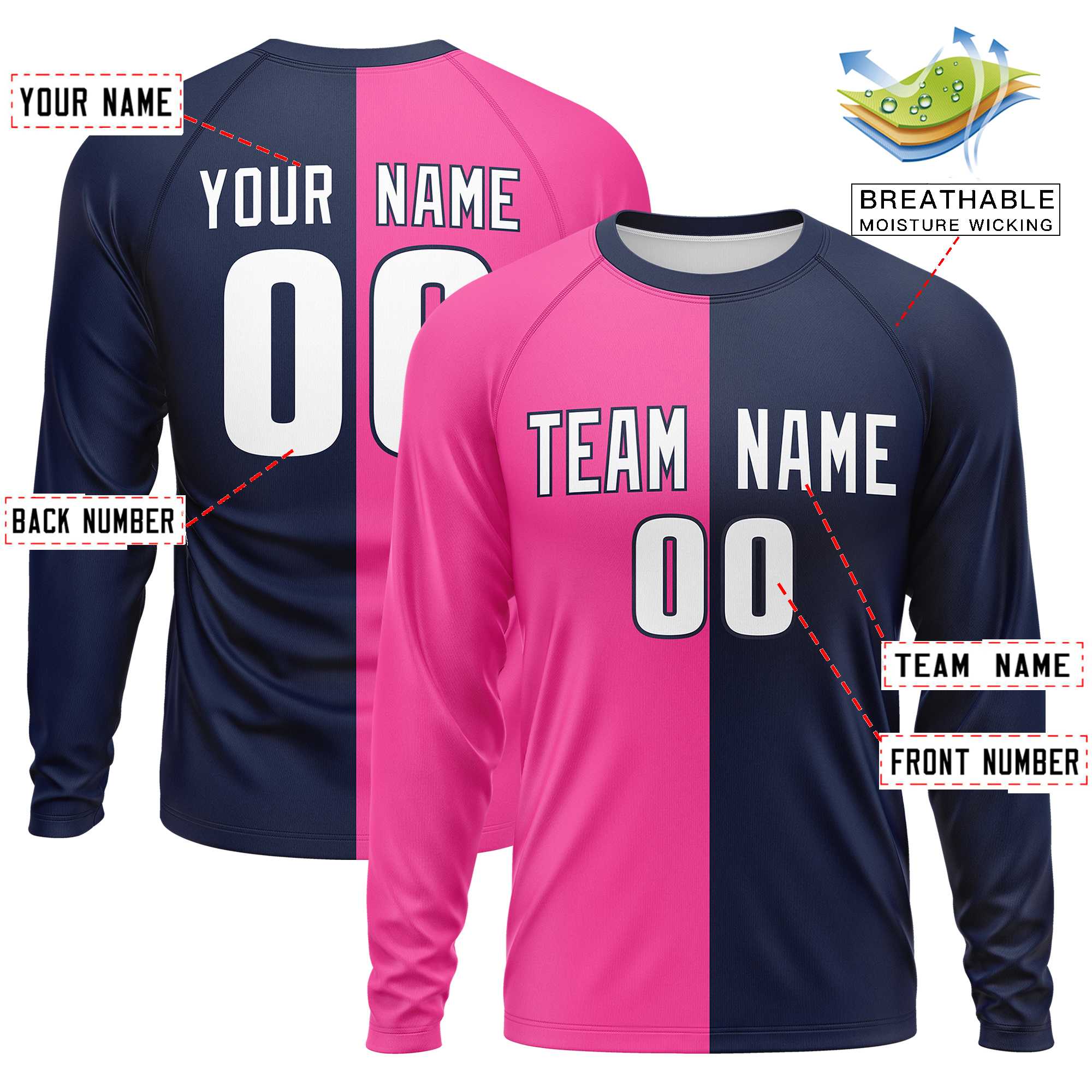 Custom Pink Navy Neck Split Design Long Sleeve Performance T-Shirt