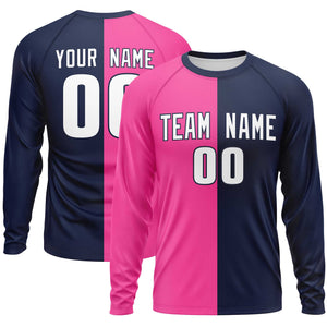 Custom Pink Navy Neck Split Design Long Sleeve Performance T-Shirt