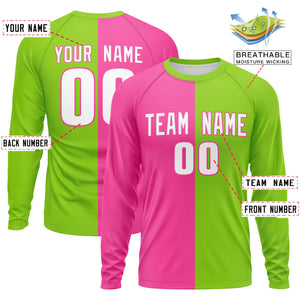 Custom Pink Neon Green Neck Split Design Long Sleeve Performance T-Shirt