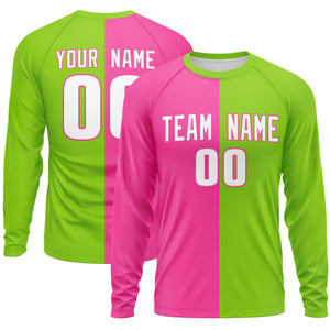 Custom Pink Neon Green Neck Split Design Long Sleeve Performance T-Shirt