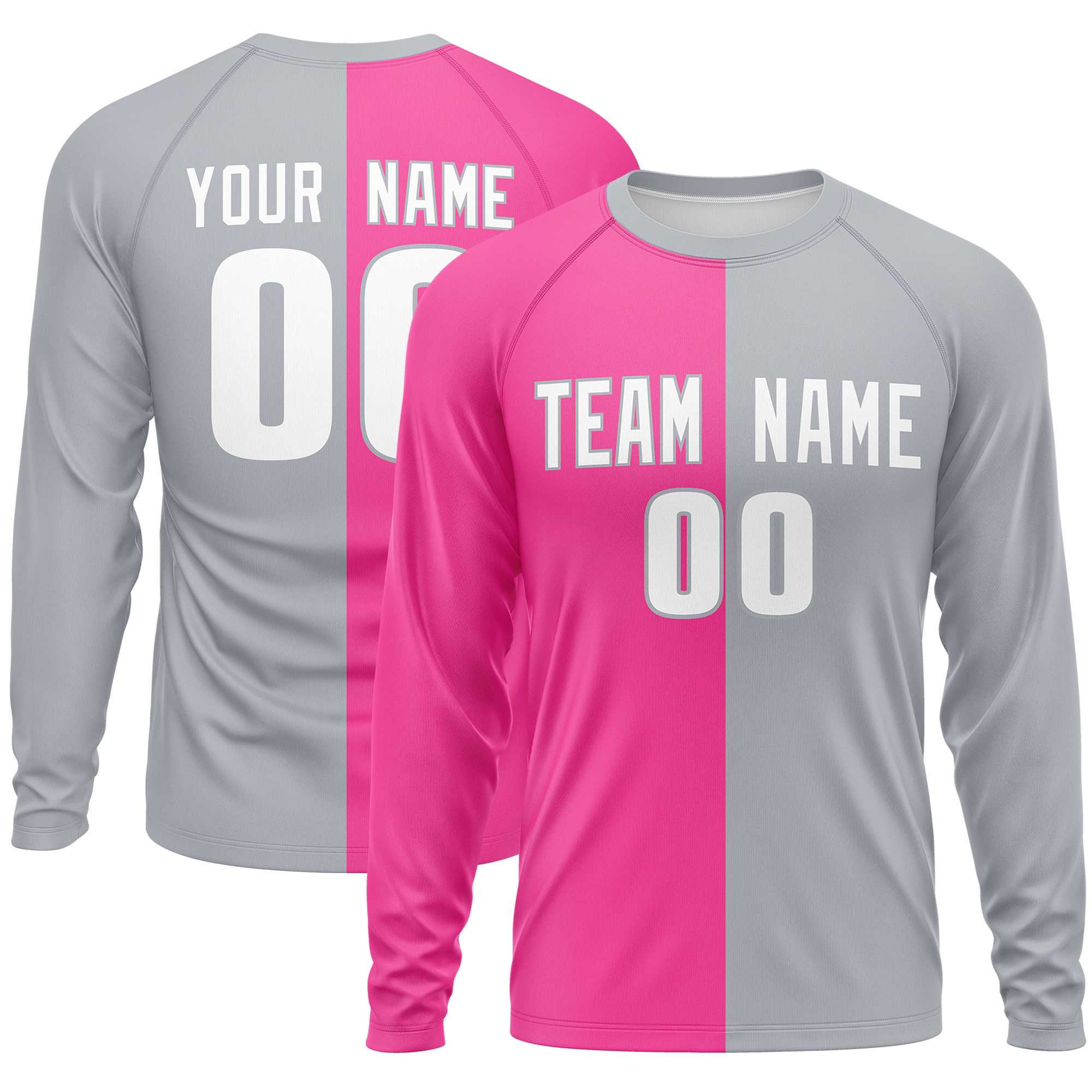 Custom Pink Gray Neck Split Design Long Sleeve Performance T-Shirt