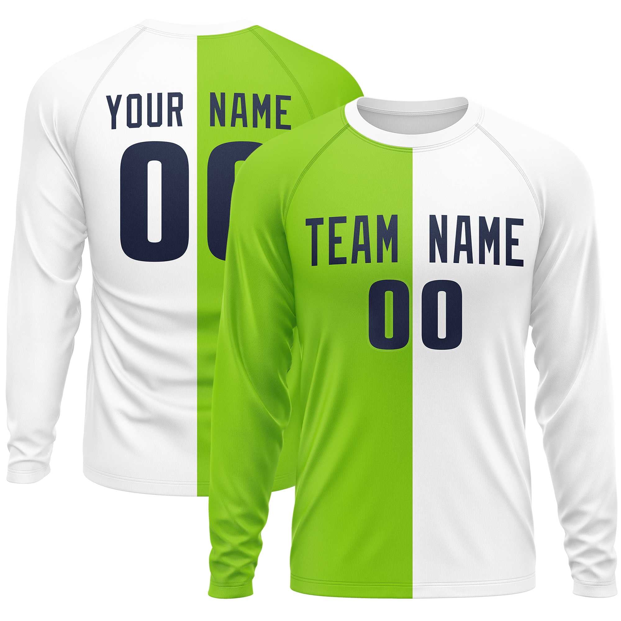 Custom Neon Green White Neck Split Design Long Sleeve Performance T-Shirt