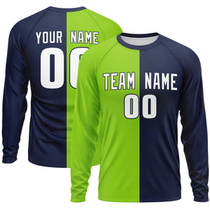 Custom Neon Green Navy Neck Split Design Long Sleeve Performance T-Shirt