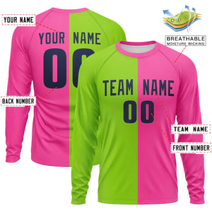 Custom Neon Green Pink Neck Split Design Long Sleeve Performance T-Shirt