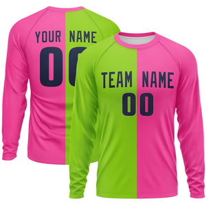 Custom Neon Green Pink Neck Split Design Long Sleeve Performance T-Shirt