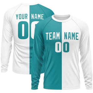 Custom Aqua White Neck Split Design Long Sleeve Performance T-Shirt