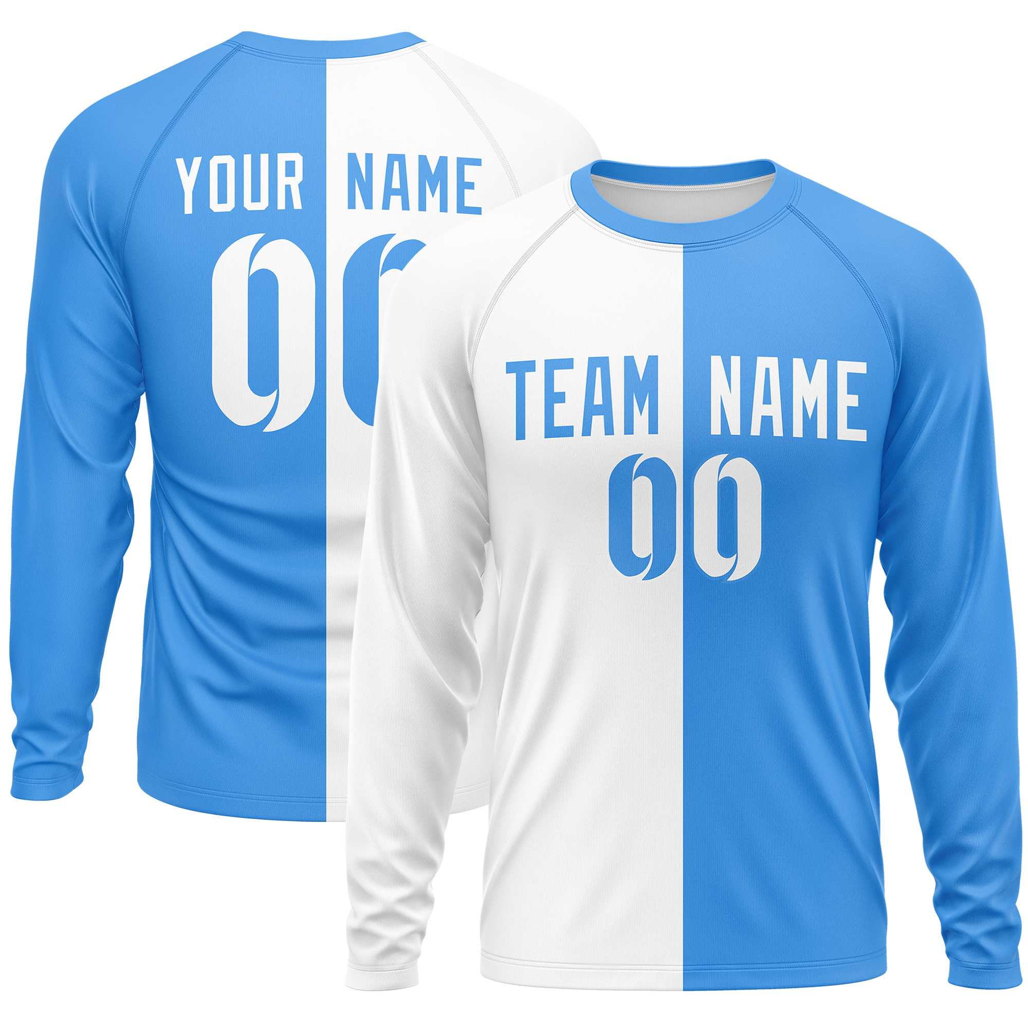 Custom White Powder Blue Neck Split Design Long Sleeve Performance T-Shirt