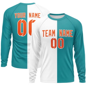 Custom White Aqua Neck Split Design Long Sleeve Performance T-Shirt