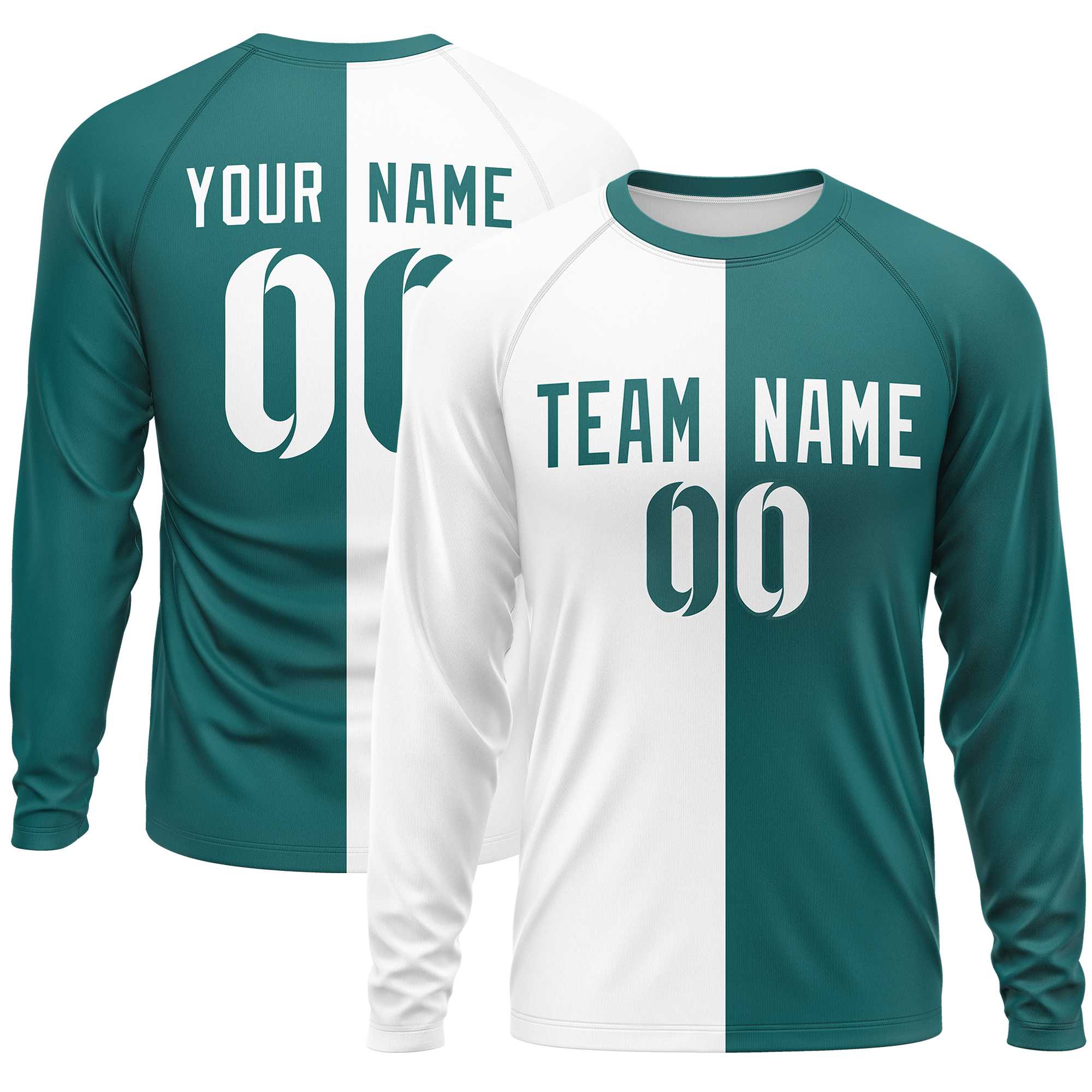 Custom White Aqua Neck Split Design Long Sleeve Performance T-Shirt