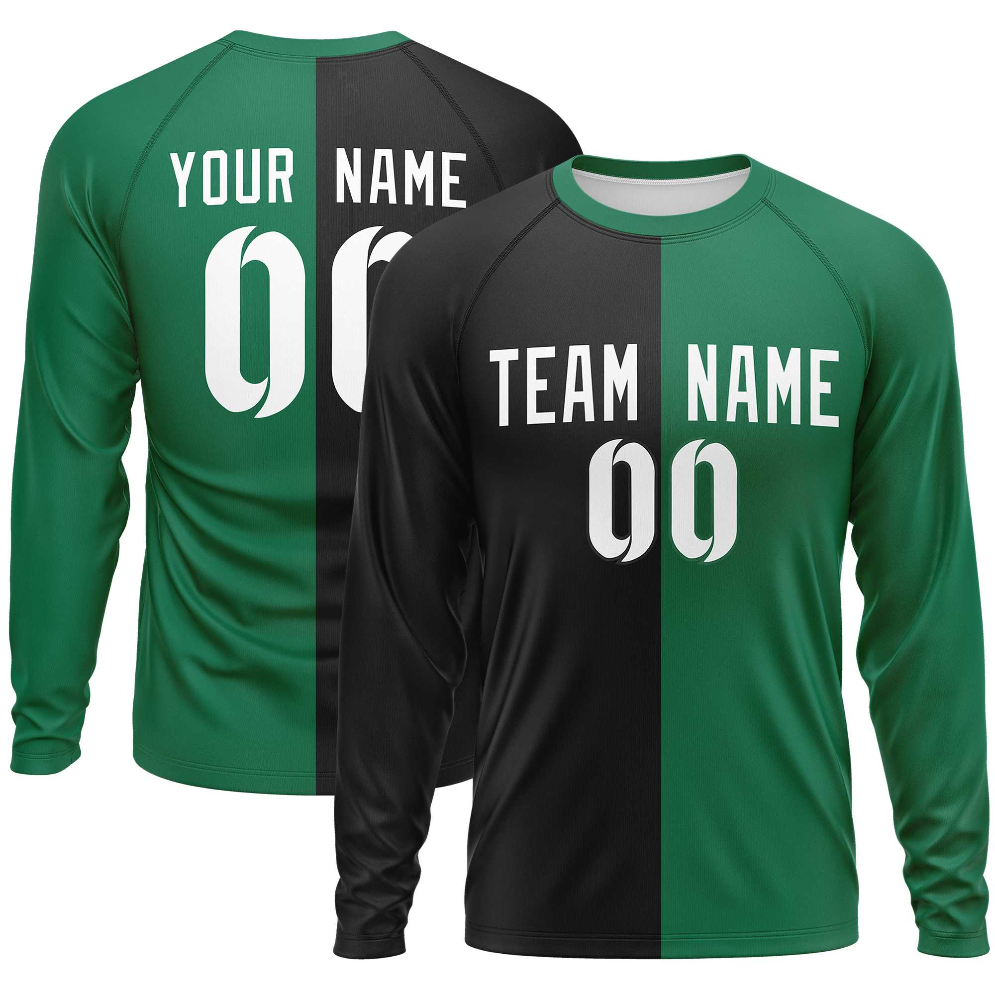 Custom Black Kelly Green Neck Split Design Long Sleeve Performance T-Shirt