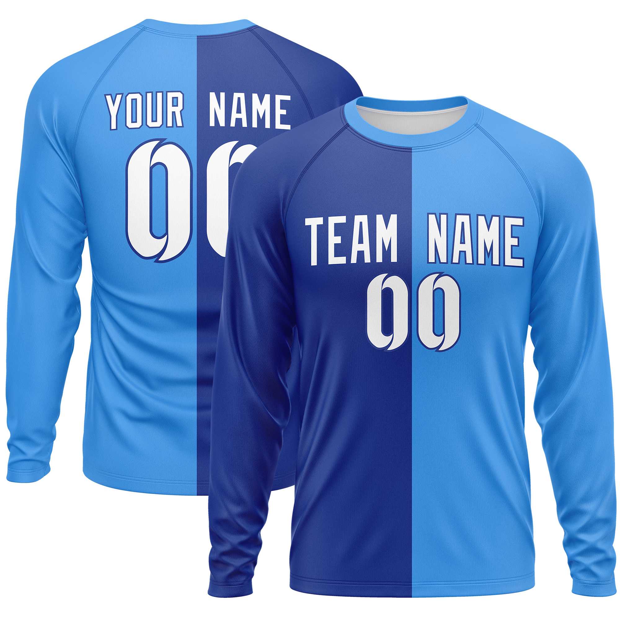 Custom Royal Powder Blue Neck Split Design Long Sleeve Performance T-Shirt