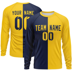 Custom Navy Gold Neck Split Design Long Sleeve Performance T-Shirt