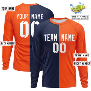 Custom Navy Orange Neck Split Design Long Sleeve Performance T-Shirt