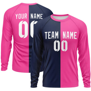 Custom Navy Pink Neck Split Design Long Sleeve Performance T-Shirt