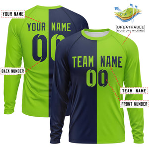 Custom Navy Neon Green Neck Split Design Long Sleeve Performance T-Shirt