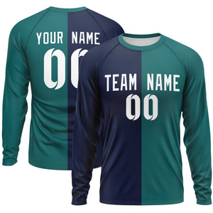 Custom Navy Aqua Neck Split Design Long Sleeve Performance T-Shirt