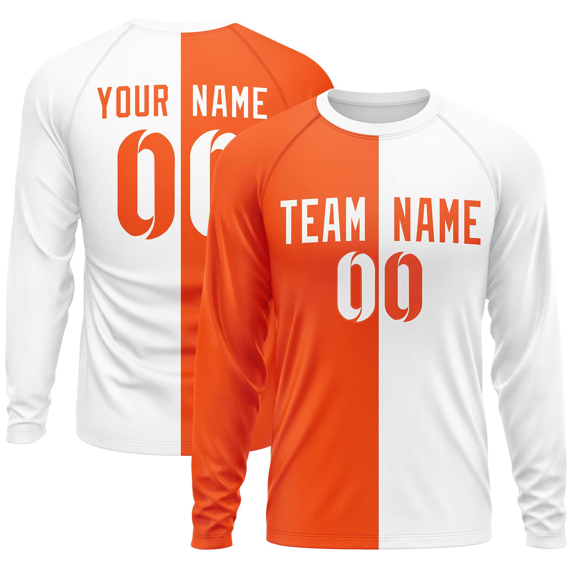 Custom Orange White Neck Split Design Long Sleeve Performance T-Shirt