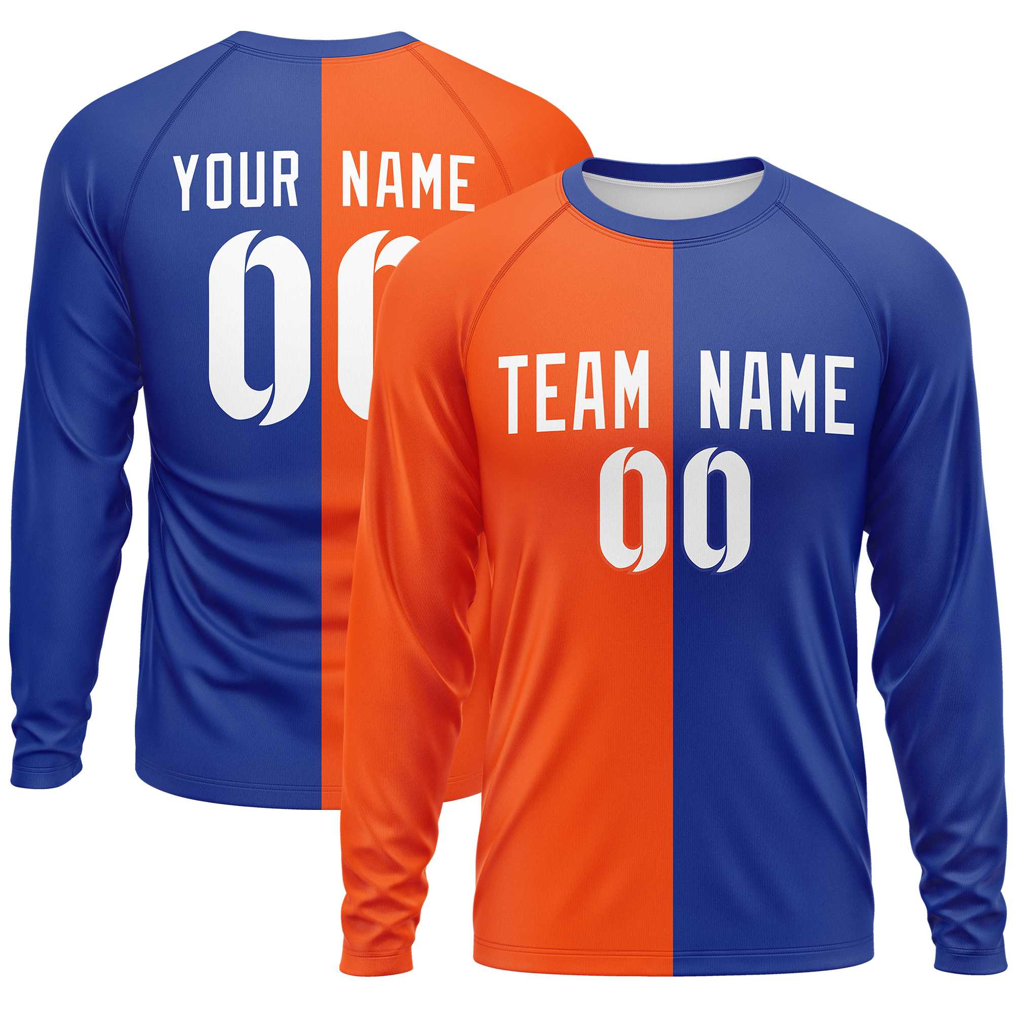 Custom Orange Royal Neck Split Design Long Sleeve Performance T-Shirt