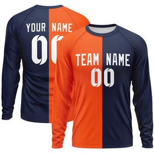 Custom Orange Navy Neck Split Design Long Sleeve Performance T-Shirt