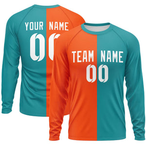 Custom Orange Aqua Neck Split Design Long Sleeve Performance T-Shirt