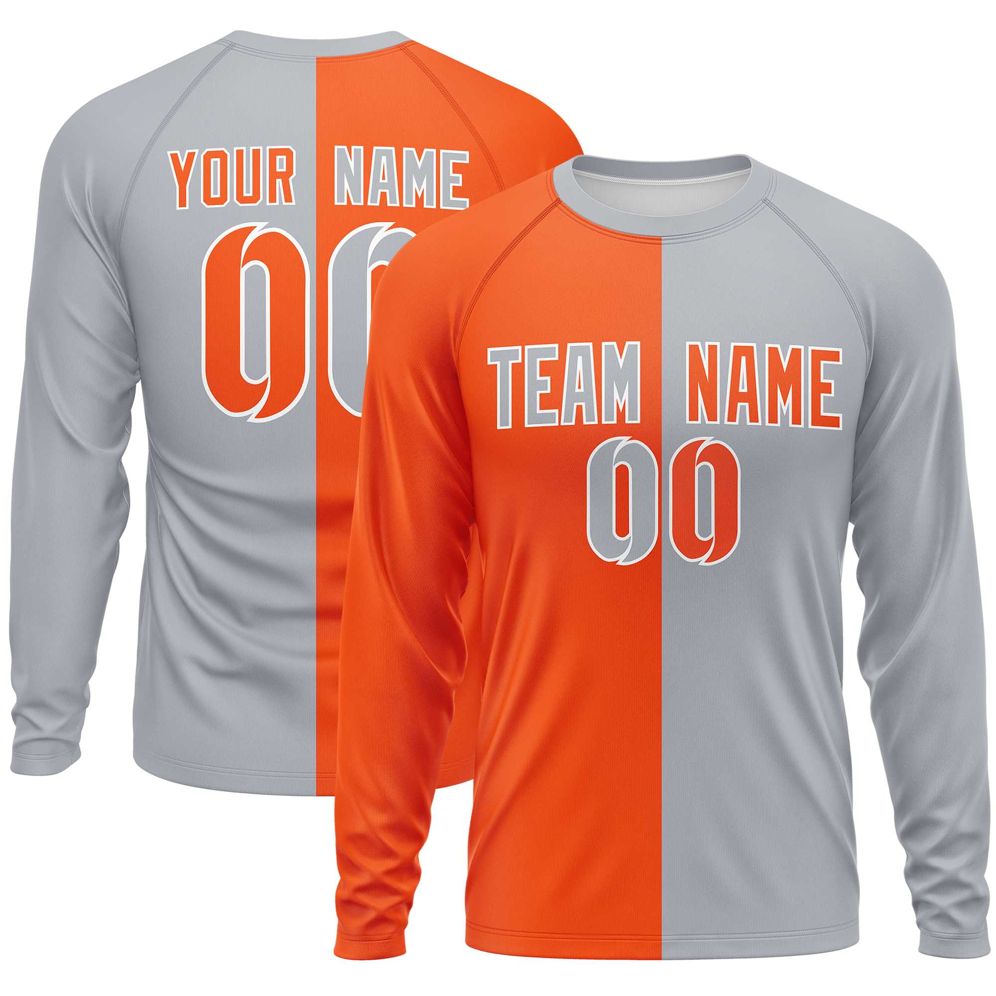 Custom Orange Gray Neck Split Design Long Sleeve Performance T-Shirt